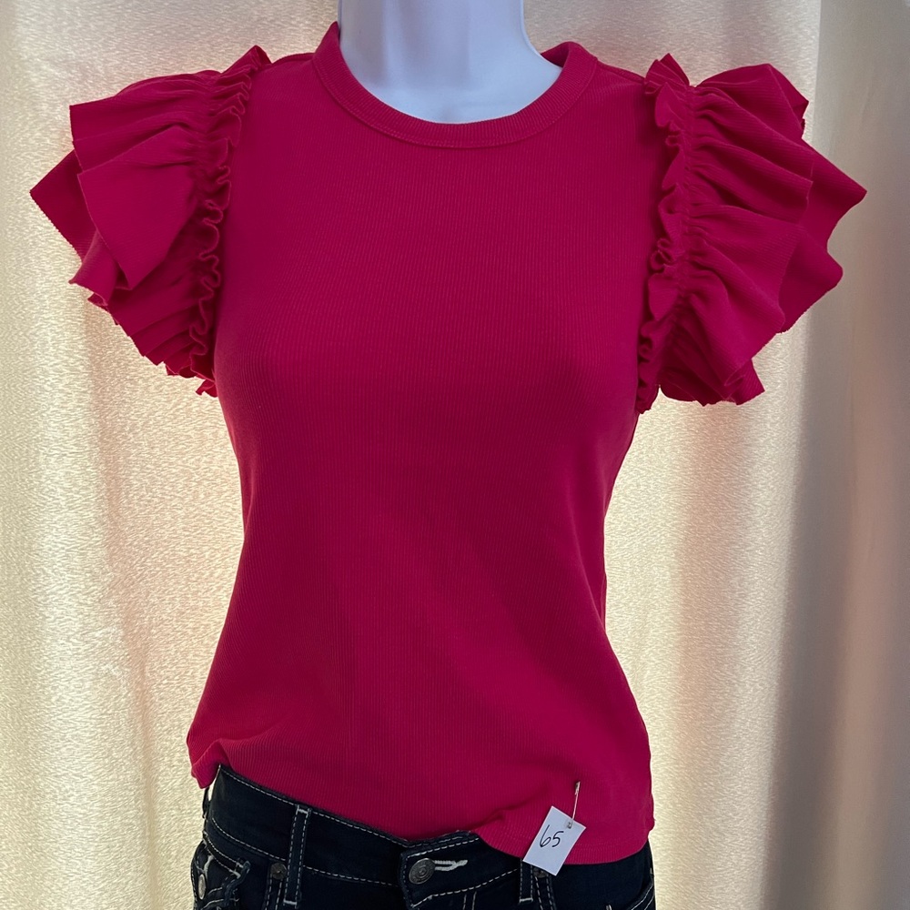 Express Fuchsia Ruffled Sleeve Tee